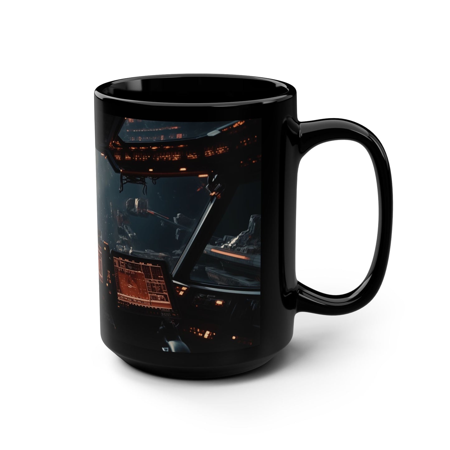 15oz Black Mug - Futuristic Spaceship Hovering in Space Design