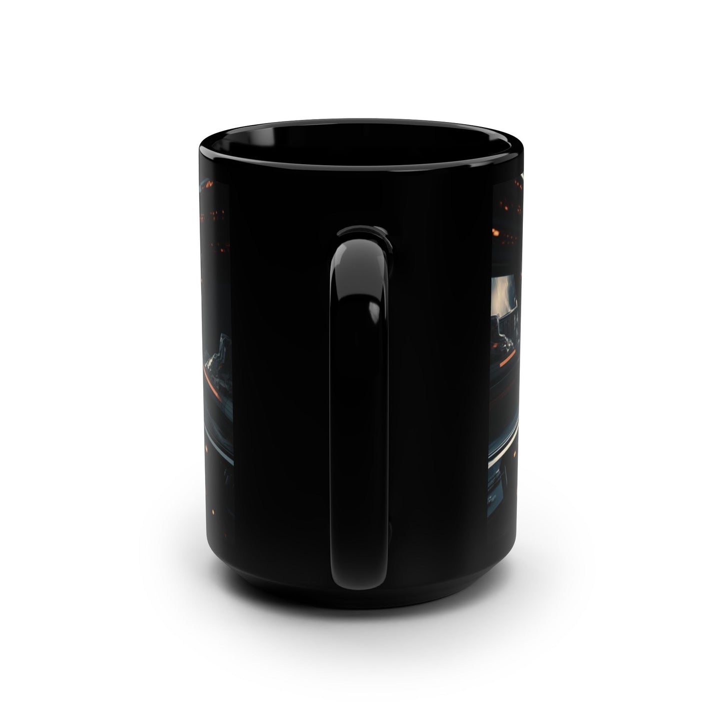 15oz Black Mug - Futuristic Spaceship Hovering in Space Design