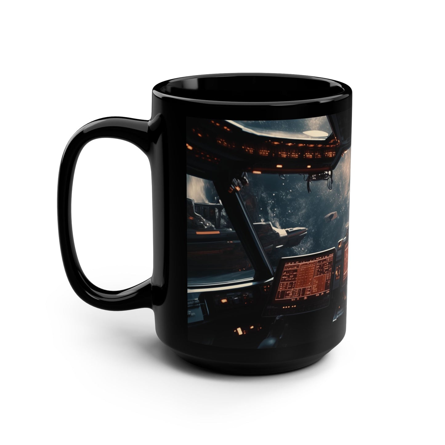 15oz Black Mug - Futuristic Spaceship Hovering in Space Design