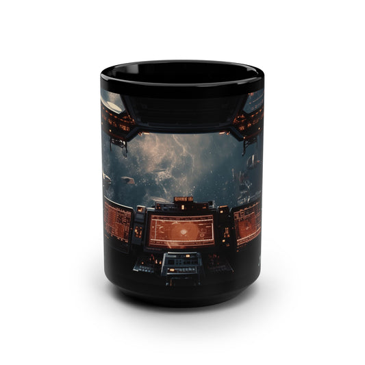 15oz Black Mug - Futuristic Spaceship Hovering in Space Design